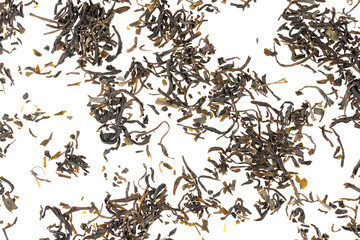 Dried tea leaves isolated on white background texture