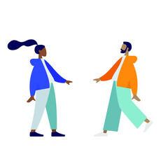 One man and one woman meet each other, flat color illustration, young people are standing, character posing