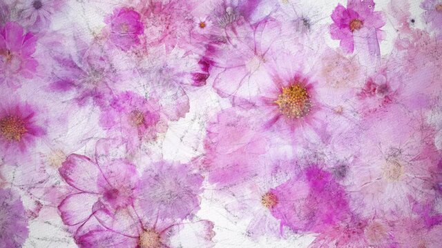 満開の花_水彩画風_紫系_白い紙のテクスチャ