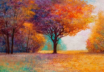 Door stickers Deep brown Oil painting landscape, colorful trees. Hand Painted Impressionist.