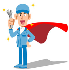 Web工具を手に持ち作業着を着てヒーローのようなマントを付けた男性スタッフ
