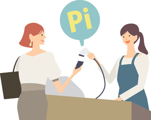 買い物をしてレジで会計をする女性のイラスト　スマホキャシュレス