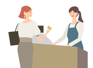 買い物をしてレジで会計をする女性のイラスト　スマホキャシュレス