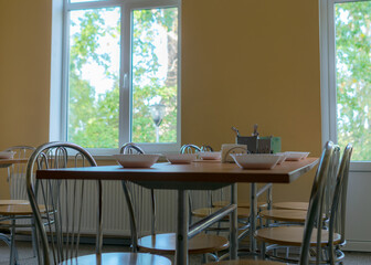 school kitchen canteen, set tables, canteen equipment, catering establishment