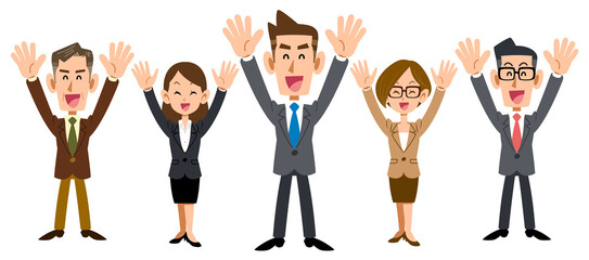 若い男性を中心に両手を上げて喜ぶビジネスのチーム
