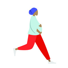 A pregnant woman is running in hurry, colorful human illustrations on white background, woman illustration