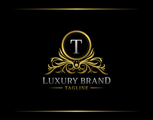 Luxury Boutique Logo With T Letter. Elegant Golden badge With Floral Shape perfect for salon, spa, cosmetic, Boutique, Jewelry.
