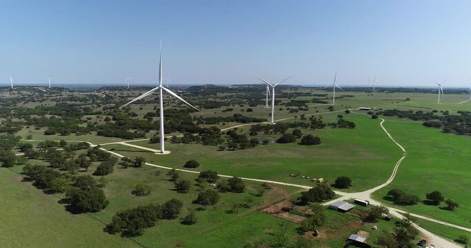 Aerial video of wind turbines outside the city of Comanche in Texas.
