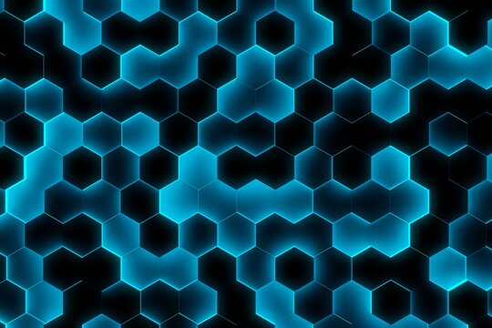Random shifted black honeycomb hexagon geometrical pattern background with blue glow, minimal futuristic technology background template