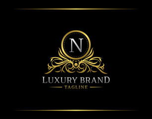 Luxury Boutique Logo With N Letter. Elegant Golden badge With Floral Shape perfect for salon, spa, cosmetic, Boutique, Jewelry.