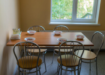 school kitchen canteen, set tables, canteen equipment, catering establishment