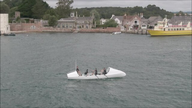 Atlantic Rowing Boat Challenge aerial drone shot. Endurance race across the Atlantic Ocean.