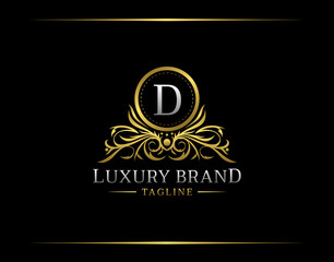 Luxury Boutique Logo With D Letter. Elegant Golden badge With Floral Shape perfect for salon, spa, cosmetic, Boutique, Jewelry.