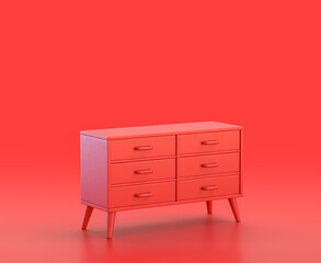 monochrome dresser, single color red 3d Icon in red background,single color, 3d rendering
