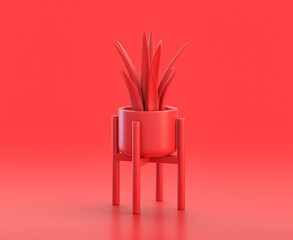 monochrome single red  color house plant with four legs pot in red background,single color, 3d Icon, 3d rendering