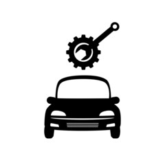 Car repair service logo concept vector illustration in black and white. Gear and wrench above car. Automobile service icon.