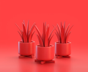 monochrome single red  color house plant with four legs pot in red background,single color, 3d Icon, 3d rendering