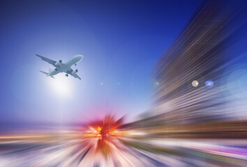Airplane flying with dynamic colorful motion blur abstract background