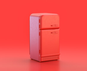 monochrome single red  color vintage refrigerator,  in red background,single color, 3d Icon, 3d rendering