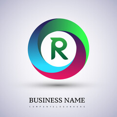 Letter R logo with colorful splash background, letter combination logo design for creative industry, web, business and company.