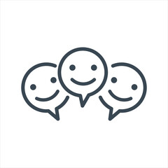 Three Smile faces inside chat bubble sign icon. Happy smiley chat symbol. Stock vector illustration isolated on white background.