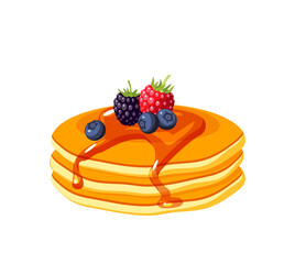 Pile of pancakes with berries and maple syrup. Vector illustration cartoon flat icon isolated on white background.
