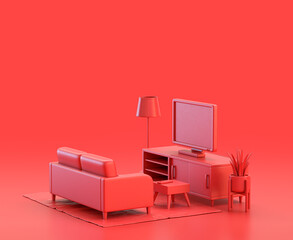 miniature living room with tv and sofa in red background, monochrome single color red 3d Icon, 3d rendering