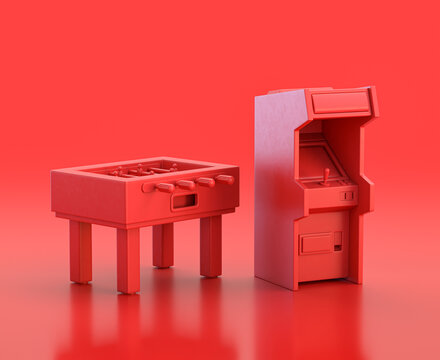 Foosball Table And Arcade Video Game Cabinet In Red Background, Monochrome Single Color Red 3d Icon, 3d Rendering