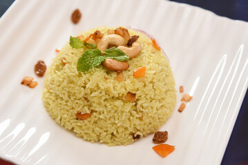 Veg biryani. Spicy Indian Malabar biryani or Hydrabadi biryani, Dum Biriyani,  pulao, pulav, pilaf, basmati rice, spicy mixed rice dish with meat curry for Ramadan Kareem, Eid