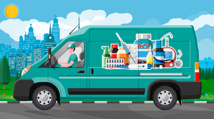 Van for delivery pharmaceutical drugs. Green drugstore truck. Internet pharmacy, oline order. Medical assistance, help, support online. Health care. Vector illustration in flat style