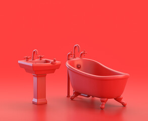 monochrome red bathtub and sink , 3d Icon in flat color red background,single color red,3d rendering