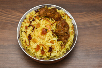 beef or Mutton or lamb biryani. Spicy Indian Malabar biryani or Hydrabadi biryani, Dum Biriyani,  fish and rice. pulao basmati rice, spicy mixed rice dish with meat curry for Ramadan Kareem, Eid