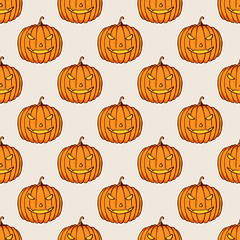 Halloween pumpkins color seamless pattern. Hand drawn doodle cartoon elements of Halloween celebration.  Vector colorful illustration.