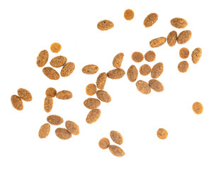 Food for animals isolated white background. Dry cat and dog food texture. Pet meal background close up