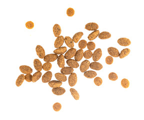 Food for animals isolated white background. Dry cat and dog food texture. Pet meal background close up