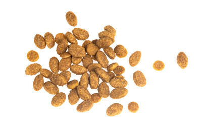 Food for animals isolated white background. Dry cat and dog food texture. Pet meal background close up
