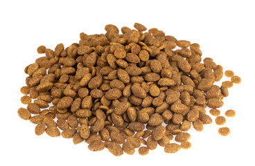 Food for animals isolated white background. Dry cat and dog food texture. Pet meal background close up