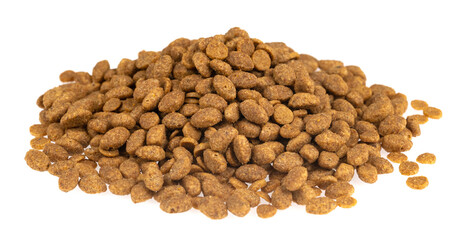 Food for animals isolated white background. Dry cat and dog food texture. Pet meal background close up