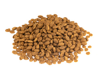 Food for animals isolated white background. Dry cat and dog food texture. Pet meal background close up