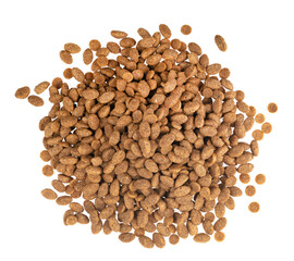 Food for animals isolated white background. Dry cat and dog food texture. Pet meal background close up