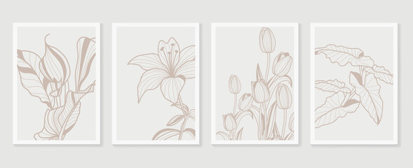 Botanical wall art vector set. Earth tone boho foliage line art drawing with  abstract shape.  Abstract Plant Art design for print, cover, wallpaper, Minimal and  natural wall art.