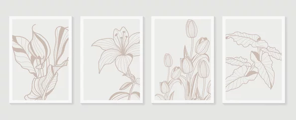 Botanischer Wandkunst-Vektorsatz. Erdfarbene Boho-Laublinienkunstzeichnung mit abstrakter Form. Abstraktes Pflanzenkunstdesign für Druck, Cover, Tapete, minimale und natürliche Wandkunst. © TWINS DESIGN STUDIO