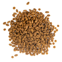 Food for animals isolated white background. Dry cat and dog food texture. Pet meal background close up