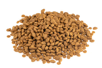 Food for animals isolated white background. Dry cat and dog food texture. Pet meal background close up