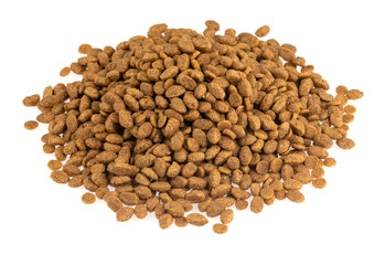 Food for animals isolated white background. Dry cat and dog food texture. Pet meal background close up
