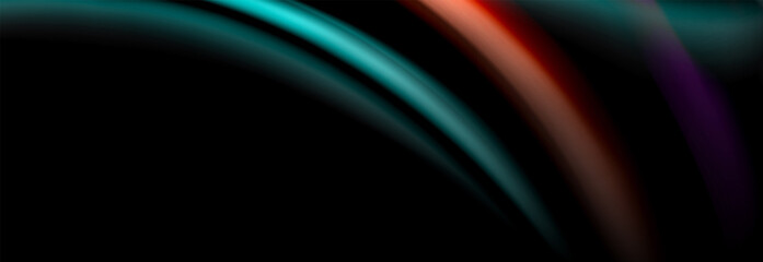 Dynamic motion abstract background. Color blurred stripes on black. Wave liquid lines poster. Vector illustration