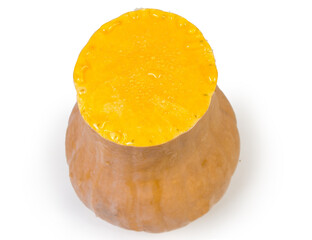 Transversely cut of butternut squash with exuded juice close-up