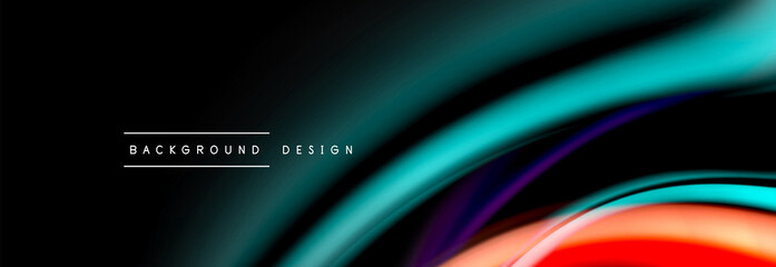Dynamic motion abstract background. Color blurred stripes on black. Wave liquid lines poster. Vector illustration