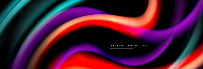 Dynamic motion abstract background. Color blurred stripes on black. Wave liquid lines poster. Vector illustration
