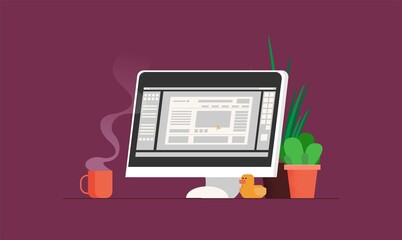 Working process with notebook. Flat vector illustration.